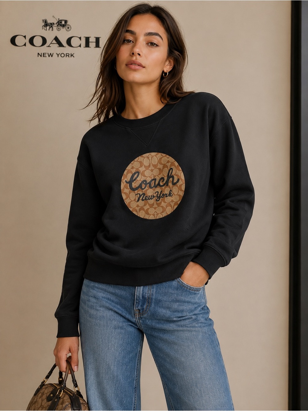 298$ Coach Black Crewneck Sweatshirt with Signature Brown Logo Patch